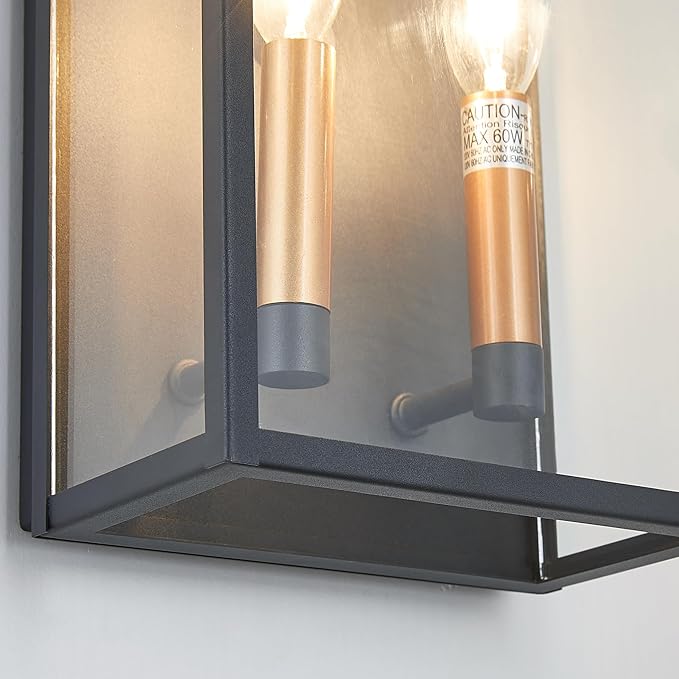 18 Inch Wall Light in Clear Glass and Textured Black and Golden Candle Cap Sleeve,Outdoor Lighting Wall Sconce,2-Light 120watts for House Doorway Garage,Bulb Not Included.-Ruum Studio Home