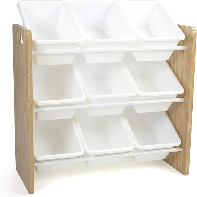 Humble Crew 9-Bin Toy Organizer – Journey Natural Wood with White Plastic Bins, 3-Tier Storage Solution for Kids' Playrooms and Nurseries-Ruum Studio Home