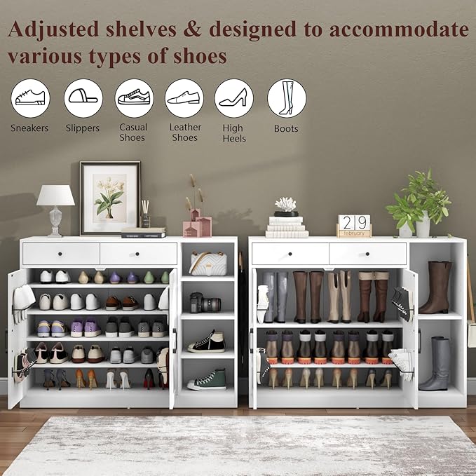 Loomie 5-Tier Shoe Cabinet with 4 Side Cubbies, Farmhouse Shoe Rack Cabinet with 6 Adjustable Shelves & 2 Drawers, Freestanding Shoe Storage Cabinet with 4 Brackets & 2 Hooks for Entryway (White)-Ruum Studio Home
