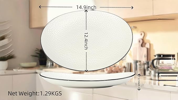 15" Large Serving Platter - Oval Large Serving Tray, Ceramic Serving Dish, White Platters for Serving Food, Appetizers, Entertaining, Party, Set of 2-Ruum Studio Home