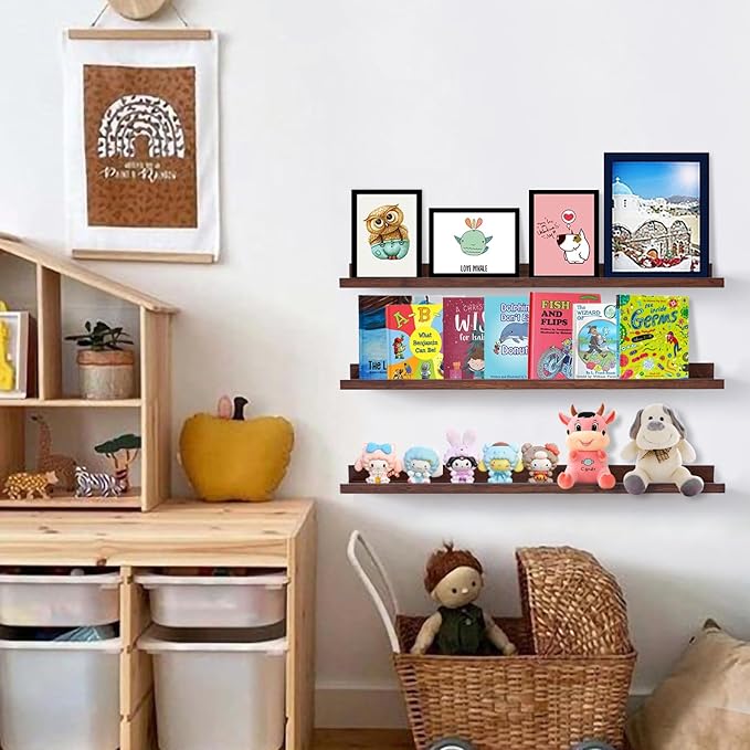 AZSKY Floating Shelves Wall Mount Deep Walnut for Wall Storage 36 Inch Rustic Picture Photo Ledge Shelf with Lip Nursery Book Shelves for Kids Room Bedroom Bathroom Living Room Kitchen Decor Set of 3-Ruum Studio Home