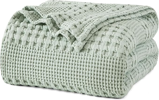 PHF 100% Cotton Waffle Weave Blanket Queen Size, Soft Lightweight Breathable Cozy Summer Blankets for Bed, Luxury Aesthetic Woven Bedding for Home Decor, 90"x90", Sage Green-Ruum Studio Home