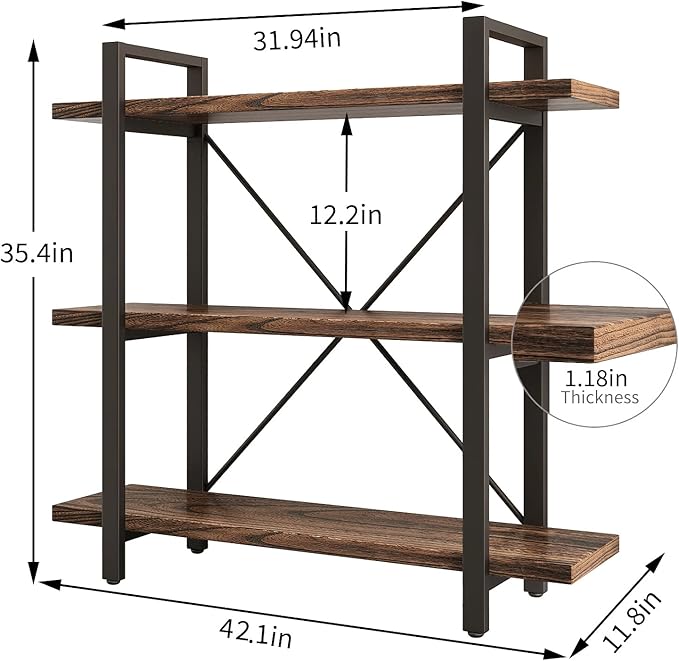 3 Tier Bookshelf Modern Rustic Open Bookshelf Office Solid Wood Bookcase and Book Shelves Wood and Metal Shelving Unit,Distressed Brown (AY-02-3Tier)-Ruum Studio Home