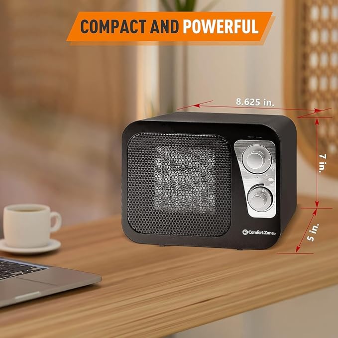 Comfort Zone Space Heaters for Indoor Use, Portable Heater, Fast Heating, Electric Heater, Thermostat, Retro Design, Bedroom Heater with Overheat Protection, Safety Tip-Over Switch 1,500W, Black-Ruum Studio Home