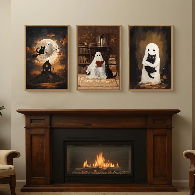 HPNIUB Halloween Ghost Framed Canvas Wall Art Set, Funny Black Cat Poster Artwork, Vintage Spooky Wall Decor, Dark Academia Moon Pictures for Bedroom Living Room Bathroom-16 x24 x3-Ruum Studio Home