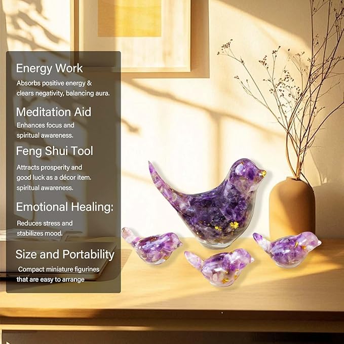 Crystal Bird Figurines, Resin Animal Statues, Miniature Decorative Gravel Birds, Home Decor (4PCS-Amethyst)-Ruum Studio Home
