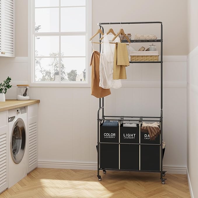 Laundry Sorter 3 Section,Laundry Hamper Cart with Hanging Rack & Removable Bags,Heavy Duty Laundry Basket with Wheels & 2 Tier Shelf,Space-Saving Laundry Basket Organizer for Laundry Room-Ruum Studio Home