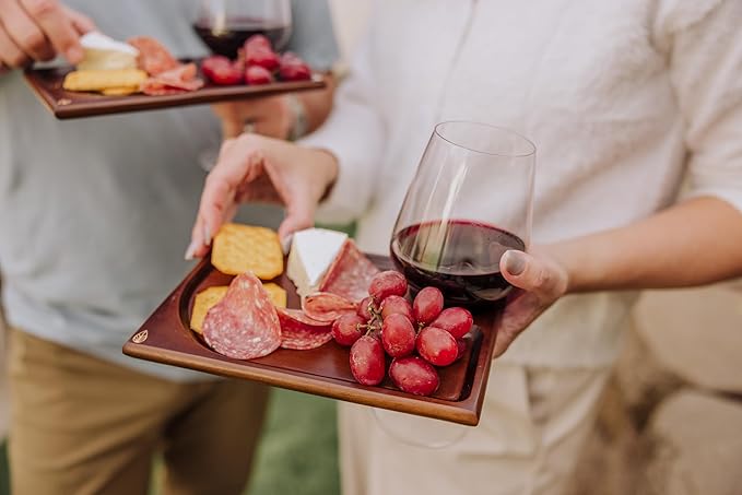 PICNIC TIME Rectangle Wine Appetizer Plates Set of 4, Cocktail Plate with Glass Holder, Cheese Board with Wine Holder, (Stained Parawood)-Ruum Studio Home