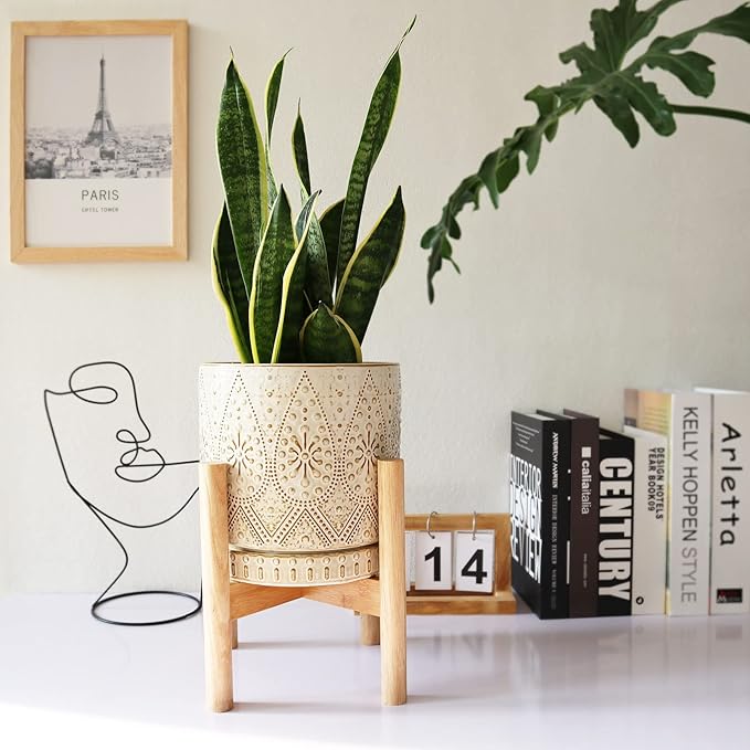 8 Inch Plant Pot with Stand, Ceramic Planter with Drainage Holes, Saucers and Mesh Pads for Indoor-Outdoor Plants-Ruum Studio Home