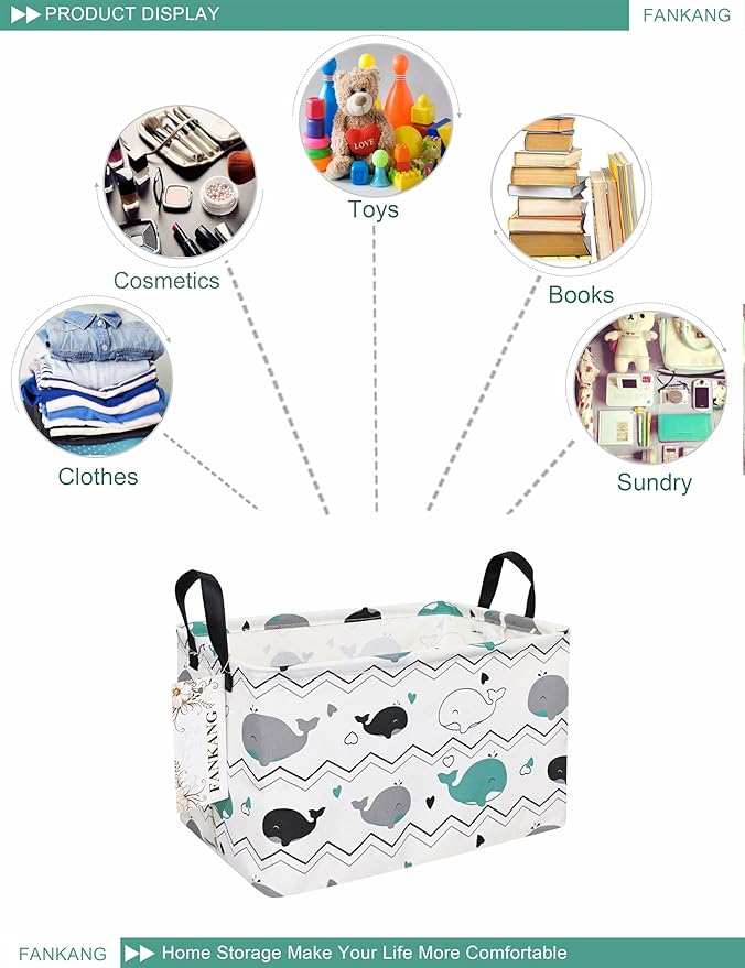 FANKANG Storage Bins, Nursery Hamper Canvas Laundry Basket Foldable with Waterproof PE Coating Large Storage Baskets for Kids Boys and Girls, Office, Bedroom, Clothes,Toys(Rec-whales ）-Ruum Studio Home