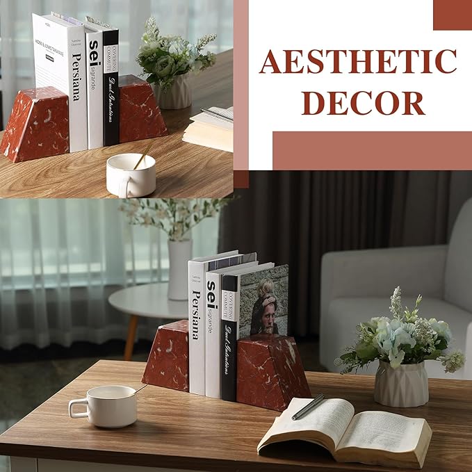 Marble Book Ends Decorative, Unique Bookends for Shelves，Bookends to Hold Heavy Books Durable Book Holder Stopper for Home Office Desk Bookshelf Decoration, Set of 2, Rosso Francia-Ruum Studio Home