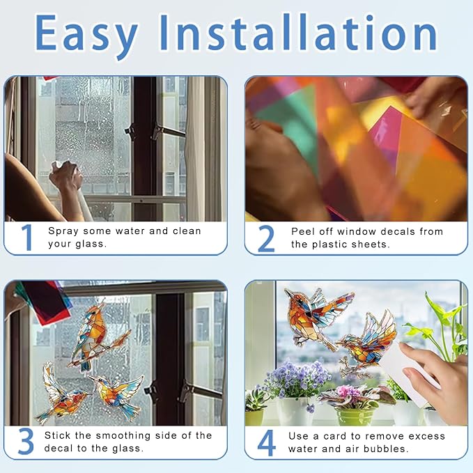 12pcs Window Decals for Bird Strikes, Anti Collision Window Clings, Rainbow Reflection Window Sticker, Hummingbird Style Sun Catcher Stickers for Glass Windows-Ruum Studio Home