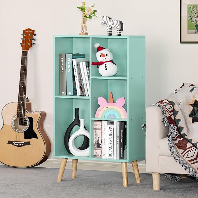 LEYAOYAO 5 Cube Bookshelf 3-Tier Bookcase with Legs,Mint Green Kids Book Shelf Cute Storage Organizer,Free Standing Open Toy Shelves Wood Bookshelves,Display Bookcases for Bedroom,Living Room,Nursery-Ruum Studio Home
