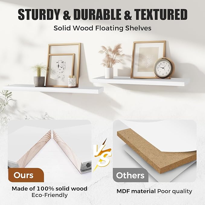 3-Pack Floating Wall Shelves, 24-Inch Rustic White Wooden Shelves for Storage and Décor, Easy Installation for Living Room, Bedroom, and Kitchen-Ruum Studio Home