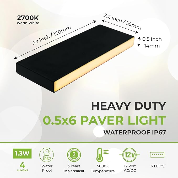 LUMENGY Paver Light Slim 0.5x6 Inch Glare-Free Steel Brick Lighting for Pavers, Walls, Driveway & Pathway Borders 2700K Warm White, Waterproof, Drive-Over Rated - 12V AC/DC-Ruum Studio Home