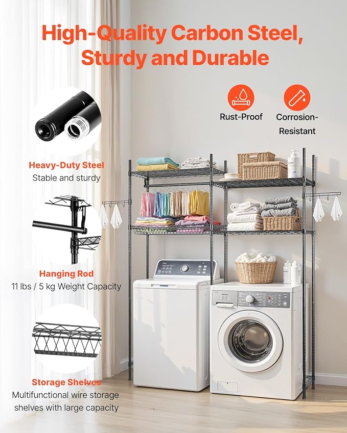 VEVOR Over The Washer and Dryer Storage Shelf, 4 Tier Laundry Room Drying Rack with Hanger Rod and Hooks, Adjustable Over Washer and Dryer Shelves, Laundry Room Shelf Storage Space Saver, Black-Ruum Studio Home