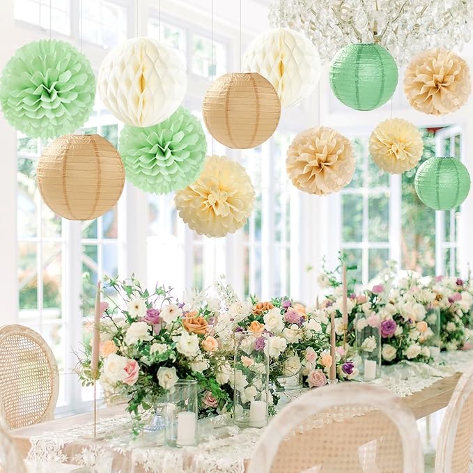 Sage Green-Boho Party-Decorations Paper-Flowers Lanterns - 15PCS Safari Rustic Neutral Baby Shower Tissue Pom Poms Streamers, Champagne Gold Birthday Wedding Graduation Hanging Supplies Decor Hugfond-Ruum Studio Home