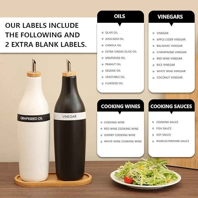 HOMCDALY Olive Oil and Vinegar Dispenser Set, Two 16oz Ceramic Oil Dispenser for Kitchen, Kitchen Dispenser Bottle for EVOO Vinegar Syrups, Modern Farmhouse Design| Set of 2 –Black &white-Ruum Studio Home