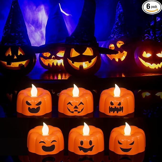 Wondise Halloween Flameless Candles, Pumpkin Battery Operated Candles with Timer, LED Flickering Votive Tealight Spooky Candles for Halloween Decorations Indoor (6 Pack, 1.9" x 1.6")-Ruum Studio Home
