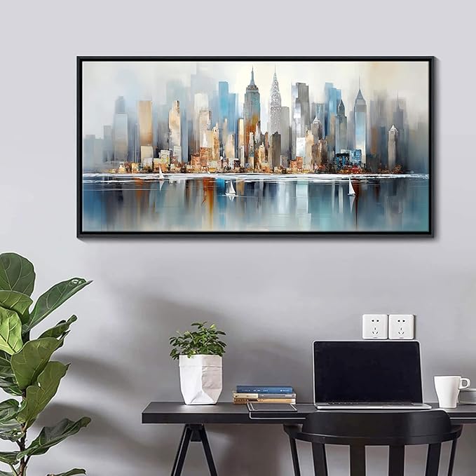 DUNHUANG ART Modern New York City Skyline Wall Art - Abstract Colorful Manhattan Sky Painting for Home & Office Decor - Large Framed Cityscape Picture 24"x48"-Ruum Studio Home