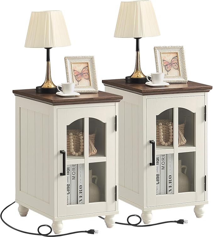 Narrow Side Table Set of 2,White Nightstand with Charging Station,End Table with Glass Barn Door Storage, Cabinet Organizer with Adjustable Shelf, Night Stand for Small Spaces Living Room Bedroom-Ruum Studio Home