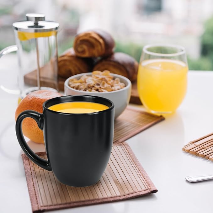 16 OZ Black Stoneware Mugs Set of 6, Large Ceramic Coffee Cups with Handle, Porcelain Mugs for Latte, Milk, Tea and Juice-Ruum Studio Home