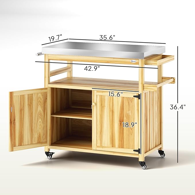 Outsunny Outdoor Grill Cart with Wheels and Storage, Solid Wood Outdoor Kitchen Island with Stainless Steel Top, Movable Bar Cart with Spice Rack, Side Handle, Integrated Hole for BBQ, Natural Wood-Ruum Studio Home