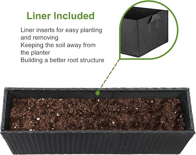 LEWIS&WAYNE Large Rectangular Block Planter Box Handmade Wicker Tall Planters for Outdoor Plants with Removable Liners Modern Planter for Indoor Outdoor Patio Deck - Black, 36''x12''x16''-Ruum Studio Home