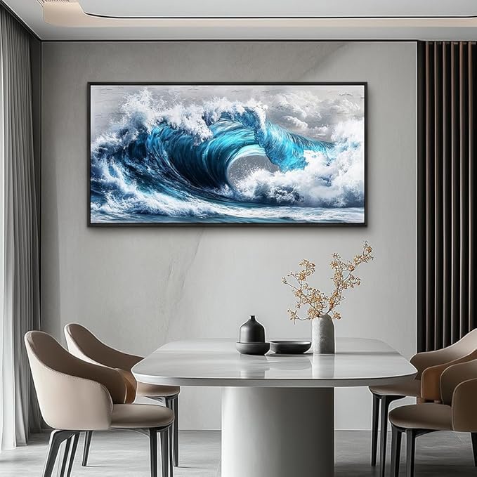 PHAOHUAXM Blue Wave lPaintings Wall Art For Living Room Wall Decor For Bedroom Ocean Inspiration Wall Pictures Office Decor Posters Modern Printing Canvas Artwork Home Decor Black Framed 20x40 In-Ruum Studio Home