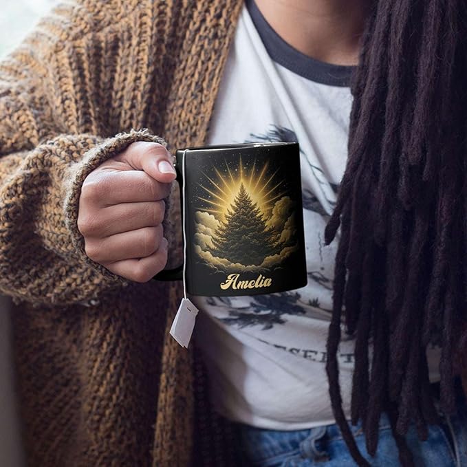 Spiritual Nature Themed Ceramic Cup, Custom Name Coffee Mug 11oz or 15oz, Personalized Pine Tree Black Cup for Christmas, Custom Winter Season Coffee Mug, Gifts for Friends, Family-Ruum Studio Home