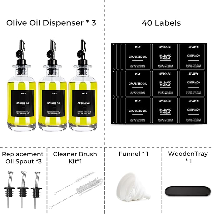 3PCS Olive Oil Dispenser Bottle For Kitchen, Soy Sauce Dispenser, Glass Oil and Vinegar Dispenser Set W. Wooden Tray & Labels & 3 Replacement Spouts, Coffee Syrup Dispenser-Ruum Studio Home