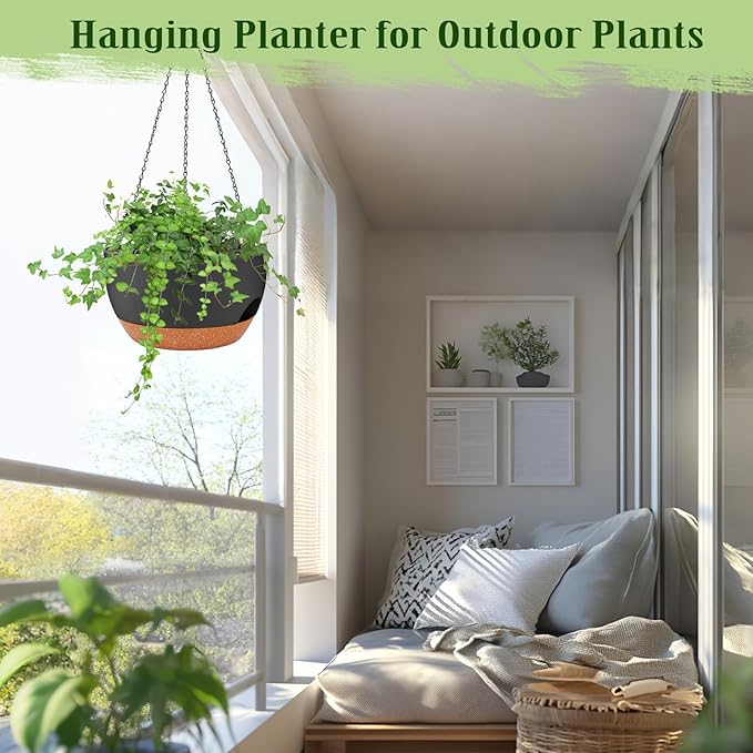 Hanging Planters for Outdoor Indoor Plants, 2 Pack 12 Inch Hanging Basket Plants Outdoor, Self Watering Hanging Planter with Plant Hanger for Garden Home Decoration (Black)-Ruum Studio Home