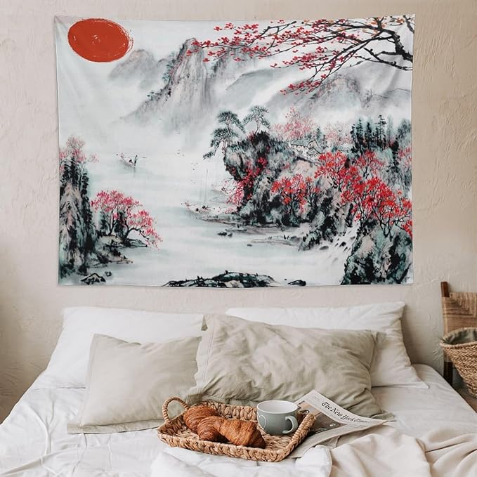 Cherry Blossoms Tapestry,Japanese Red Landscape Asian Watercolor Abstract Art Tapestry, Asian Japanese Wall Tapestry, Nature Landscape Tapestries for Bedroom Living Room Decor 80"x60"-Ruum Studio Home
