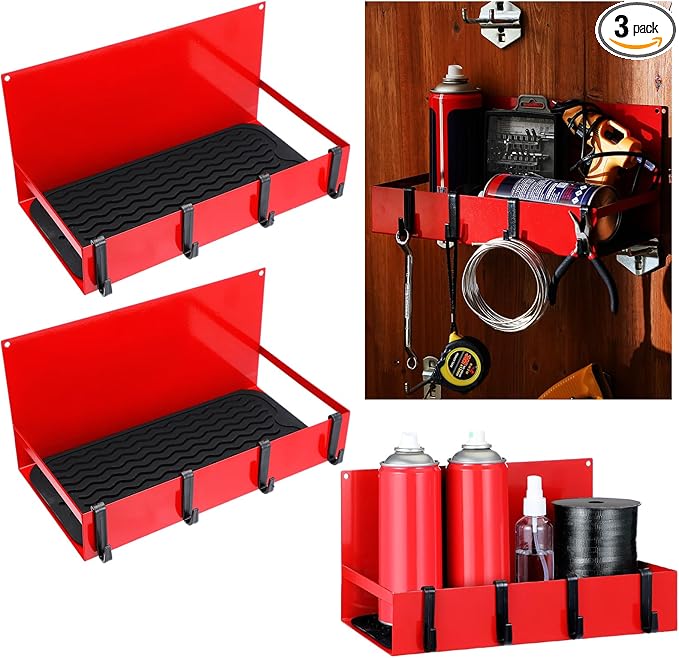 3 Pack Magnetic Garage Organizer Spice Rack for Refrigerator - 20 lb Capacity Shelf Hanging Heavy Duty Fridge Side for Organize Garage Tools, Red-Ruum Studio Home