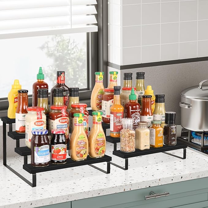 YINMIT Wooden Display Riser Stand, Tiered Perfume and Cologne Organizer Stand, 4 Tier Spice Rack Organizer, Rustic Display Shelf for Candles (4 Tier,2Pack,Black)-Ruum Studio Home