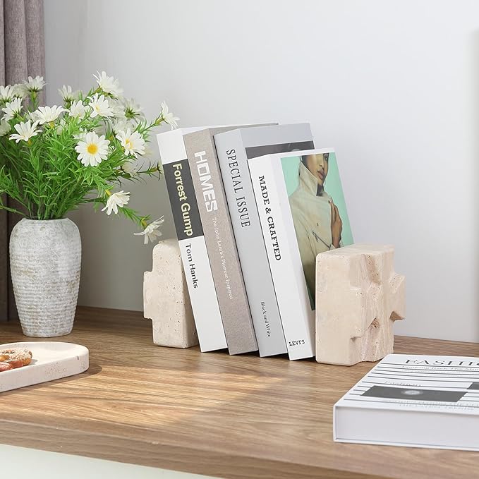 Natural Marble Bookends for Heavy Books, Heavy Duty Square Decorative Stone Book Ends for Shelves, Aesthetic Travertine Book Holder, Modern Office Bookshelf Stopper Decor, Beige, Set of 2-Ruum Studio Home