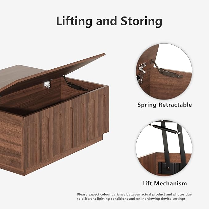 Lift Top Coffee Table with Storage, Mid Century Modern Coffee Table with Arched Design, 31.5" Square Tea Table with Wood Grain, Multifunctional Center Table for Living Room, Office, Walnut-Ruum Studio Home