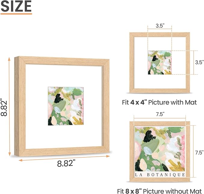 upsimples 8x8 Picture Frames, Natural Solid Wooden Picture Frames, Display 4x4 with Mat or 8 x 8 Without Mat, Wall or Tabletop, 1 Pack, Natural-Ruum Studio Home