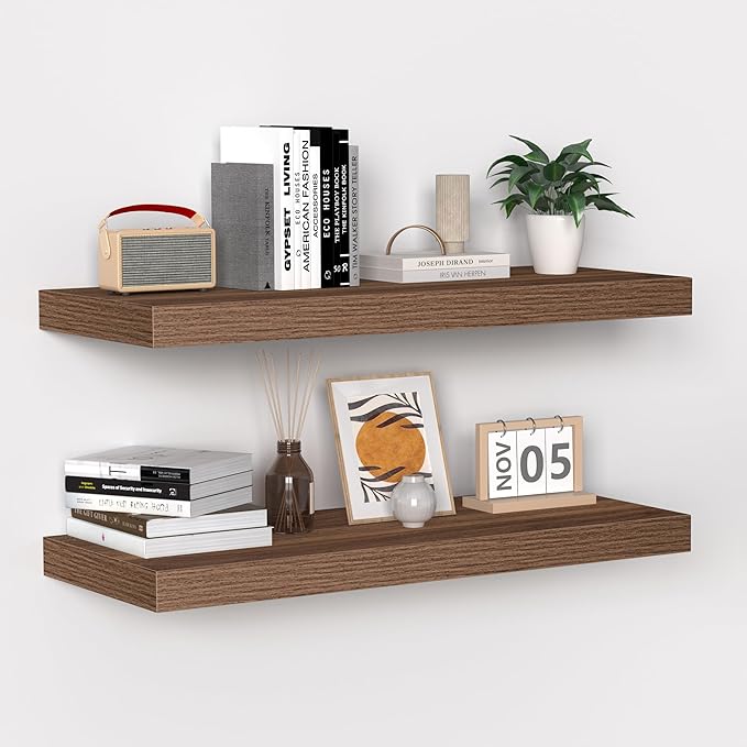 Fun Memories Floating Shelves - 24 Inch Rustic Wooden Wall Shelves - Extra Deeper & Thicker Wall Mounted Storage Shelf for Living Room, Kitchen, Farmhouse - 24"x 9"x 1.6" 2Pack, Walnut-Ruum Studio Home