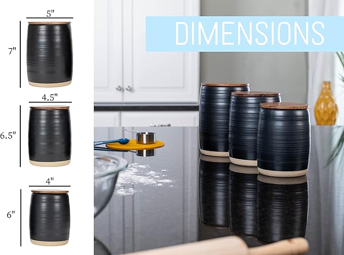 Nat & Jules Lidded Black 6 inch Ceramic and Wood Kitchen Canisters Set of 3-Ruum Studio Home