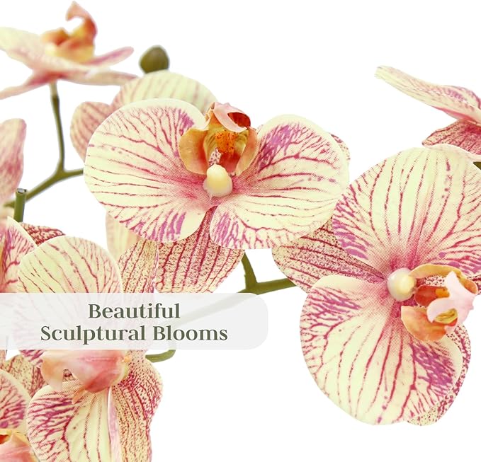 Faux Orange Orchid Plant, Premium Artificial Indoor Flower Display Stands 23”, Beautiful Sculptural Blooms That Lasts Forever, White Planter Pot Included-Ruum Studio Home