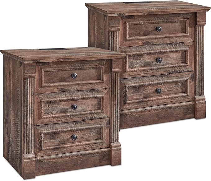 26" Tall Farmhouse Nightstand Set of 2, 3 Drawers End Table w/Charging Station, 23.6" Wide Large Side Table w/Roman Column, Wood Rustic Sofa Table for Bedroom, Light Brown-Ruum Studio Home