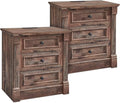 26" Tall Farmhouse Nightstand Set of 2, 3 Drawers End Table w/Charging Station, 23.6" Wide Large Side Table w/Roman Column, Wood Rustic Sofa Table for Bedroom, Light Brown-Ruum Studio Home