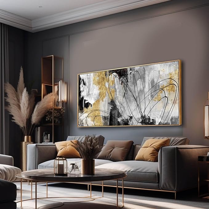 YJYart Abstract Wall Art Office Decor Gold Wall Decor for Living Room Black and White Artwork Line Art Frame Room Decor for Bedroom 24X48 Inch-Ruum Studio Home
