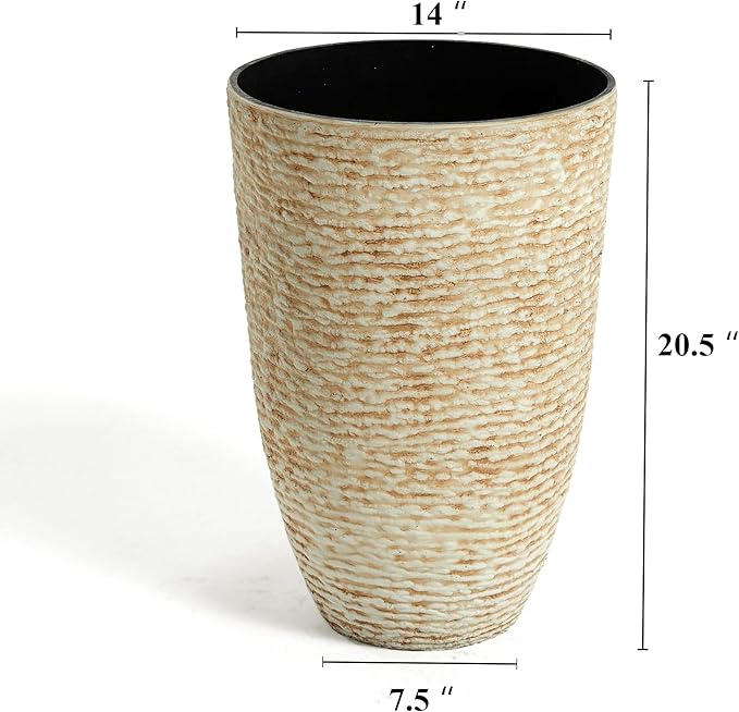 Worth 9 Gallon Tall Round Planters Set of 2-14" Dia x 21" H Stone Finish Flower Pots Indoor Decorative Container Garden Patio Unbreakable Beige-Ruum Studio Home