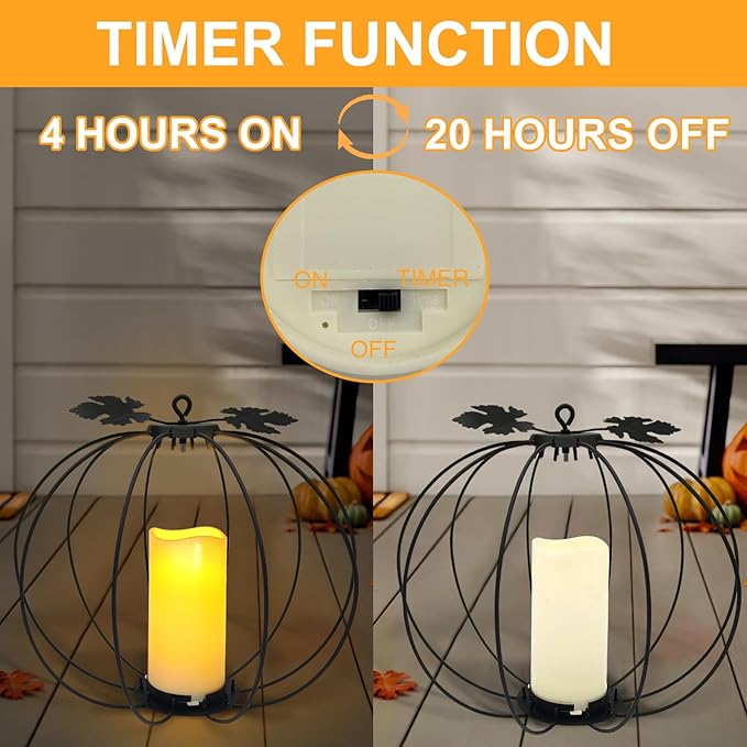 Halloween Metal Pumpkin Candle Holder, 3 Pcs Light up Black Pumpkin Lantern with LED Flickering Yellow Candle Lights Build in Timer for Thanksgiving Halloween Harvest Fall Home Decor-Ruum Studio Home