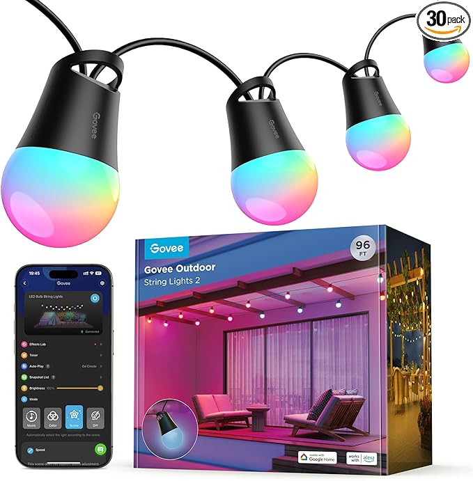 Govee Smart Outdoor String Lights 2, 96ft RGBIC Outdoor Lights with Dimmable Warm White LED Bulbs, 47 Scene Modes for Patio, Backyard, IP65 Waterproof, Works with Alexa, App Control-Ruum Studio Home