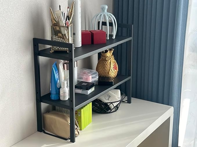 2 Tier Expandable Cabinet Shelf Organizer 14.5-25" L Kitchen Counter Shelf Rack Stand Sink Riser Countertop Storage Black (Normal 7.9”D)-Ruum Studio Home