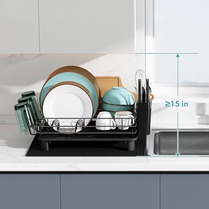Black Stainless Steel Dish Drainers Drying Rack for Kitchen Counter with Drainboard Set, Rust Proof Metal, Space Saving, Modern Aesthetic, Compact Plates Strainers with Extra Mat-Ruum Studio Home