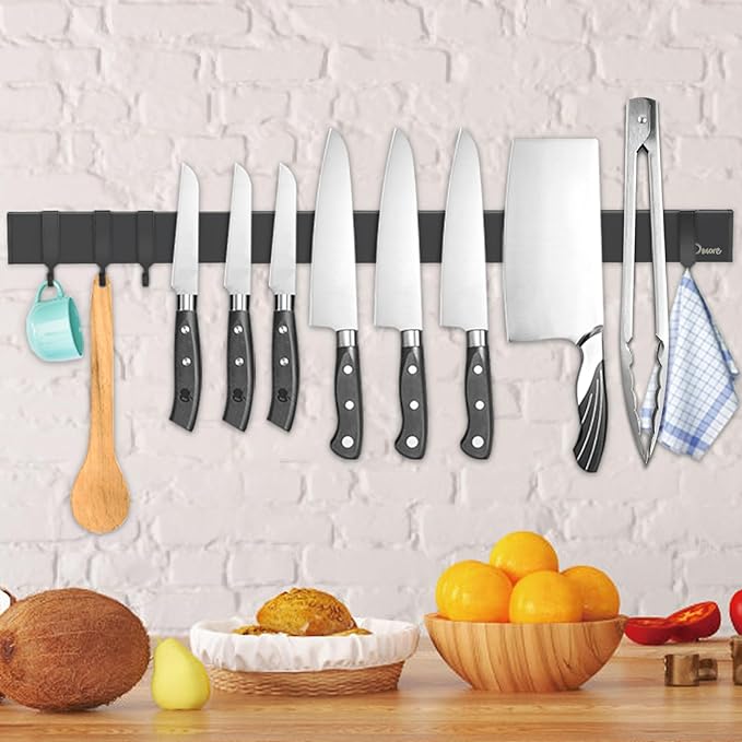 Dmore magnetic knife holder for wall—with 4 hooks, No Drilling 23 Inch black knife magnetic strip, Powerful knife magnet rack, include Adhesive Tape and screws for Knives, Utensils, and Tools-Ruum Studio Home